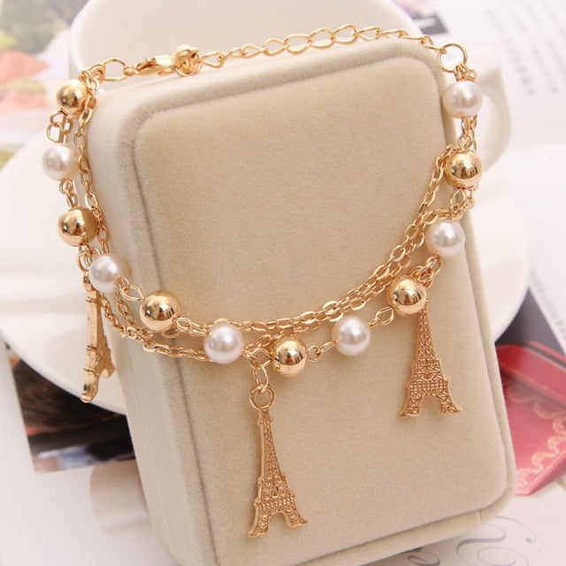 2018 Gold Color Multilayer Beaded Pendant Bracelets and Bangles Fashion Women Heart Butterfly Charm Bracelet Jewelry Accessories