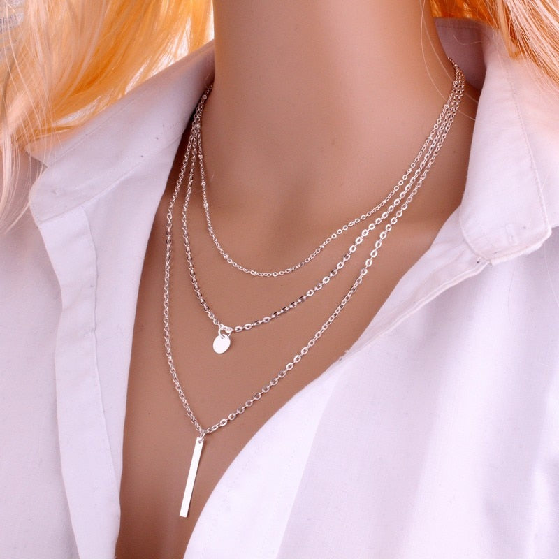 2018 New Women Fashion Gold Color 3 Layers Chain Necklace Hollow Out Triangle Long Pendant Necklaces Jewelry Free shipping