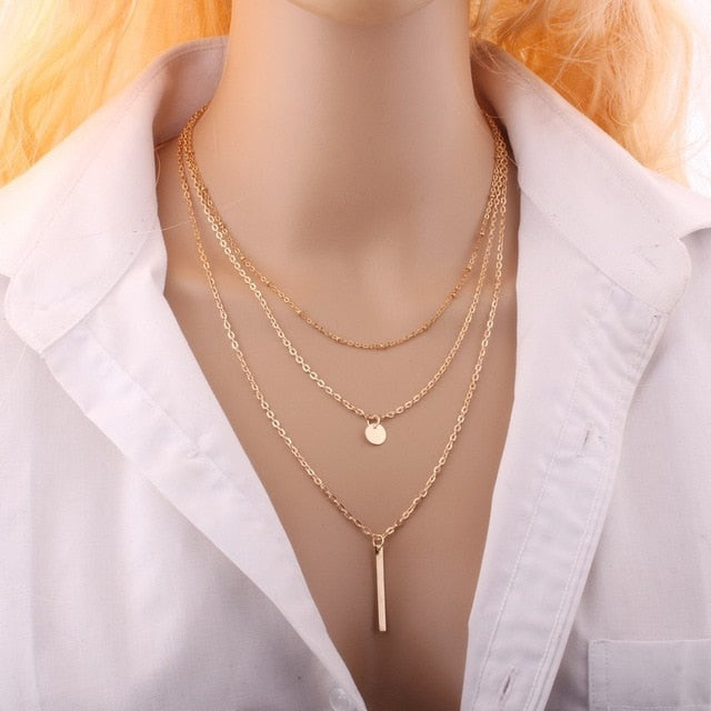 2018 New Women Fashion Gold Color 3 Layers Chain Necklace Hollow Out Triangle Long Pendant Necklaces Jewelry Free shipping