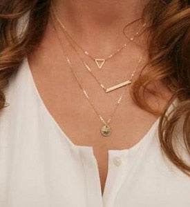 2018 New Women Fashion Gold Color 3 Layers Chain Necklace Hollow Out Triangle Long Pendant Necklaces Jewelry Free shipping