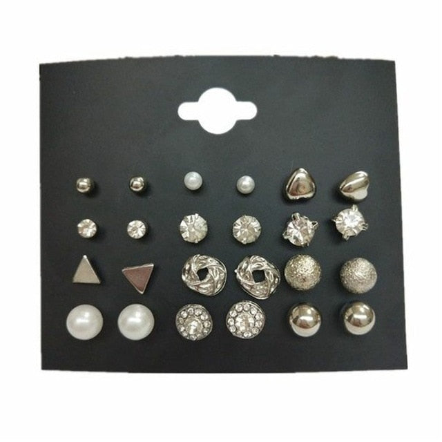 MissCyCy Fashion 12 pair/set Women Square Crystal Heart Stud Earrings for Women Piercing Simulated Pearl Flower Earrings