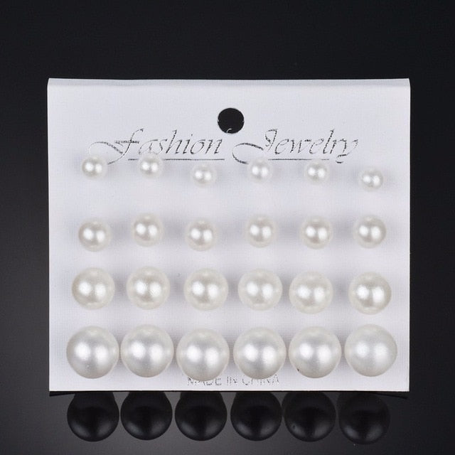 MissCyCy Fashion 12 pair/set Women Square Crystal Heart Stud Earrings for Women Piercing Simulated Pearl Flower Earrings