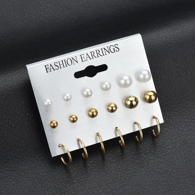 MissCyCy Fashion 12 pair/set Women Square Crystal Heart Stud Earrings for Women Piercing Simulated Pearl Flower Earrings