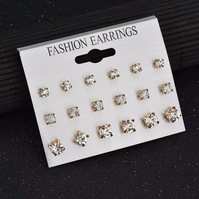 MissCyCy Fashion 12 pair/set Women Square Crystal Heart Stud Earrings for Women Piercing Simulated Pearl Flower Earrings