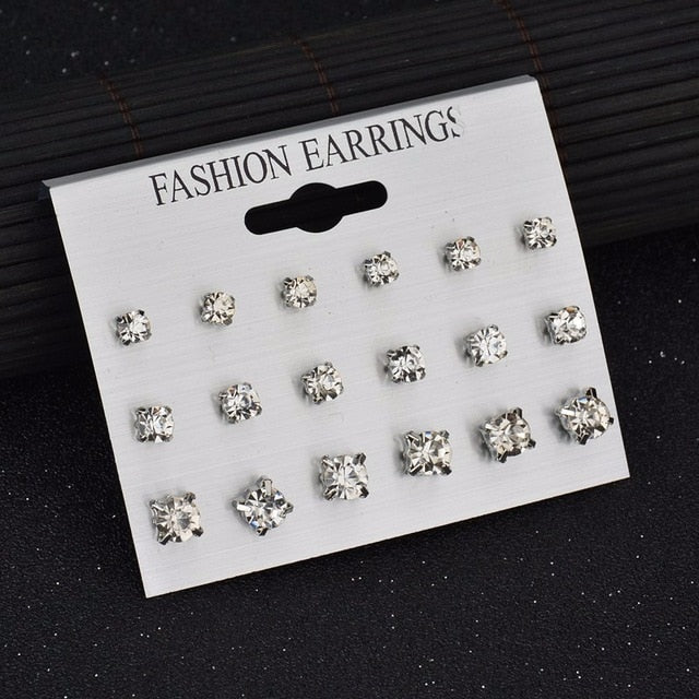 MissCyCy Fashion 12 pair/set Women Square Crystal Heart Stud Earrings for Women Piercing Simulated Pearl Flower Earrings