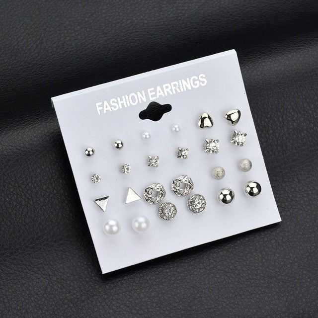 MissCyCy Fashion 12 pair/set Women Square Crystal Heart Stud Earrings for Women Piercing Simulated Pearl Flower Earrings