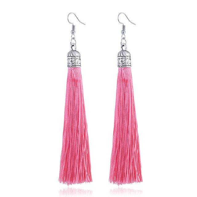 LZHLQ Brand Tassel Earrings Women Fashion Jewelry Bohemian Drop Dangle Long Earrings Silk Fabric Ethnic Vintage Earrings
