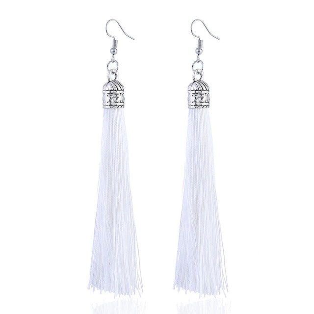LZHLQ Brand Tassel Earrings Women Fashion Jewelry Bohemian Drop Dangle Long Earrings Silk Fabric Ethnic Vintage Earrings