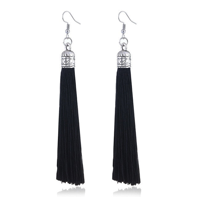 LZHLQ Brand Tassel Earrings Women Fashion Jewelry Bohemian Drop Dangle Long Earrings Silk Fabric Ethnic Vintage Earrings