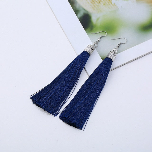 LZHLQ Brand Tassel Earrings Women Fashion Jewelry Bohemian Drop Dangle Long Earrings Silk Fabric Ethnic Vintage Earrings