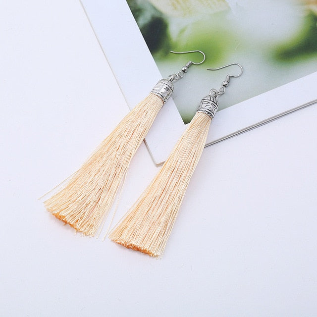 LZHLQ Brand Tassel Earrings Women Fashion Jewelry Bohemian Drop Dangle Long Earrings Silk Fabric Ethnic Vintage Earrings