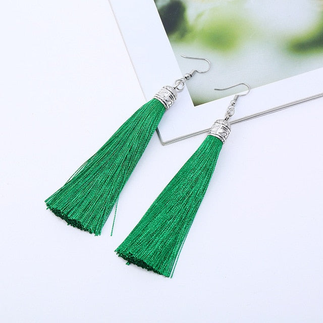 LZHLQ Brand Tassel Earrings Women Fashion Jewelry Bohemian Drop Dangle Long Earrings Silk Fabric Ethnic Vintage Earrings