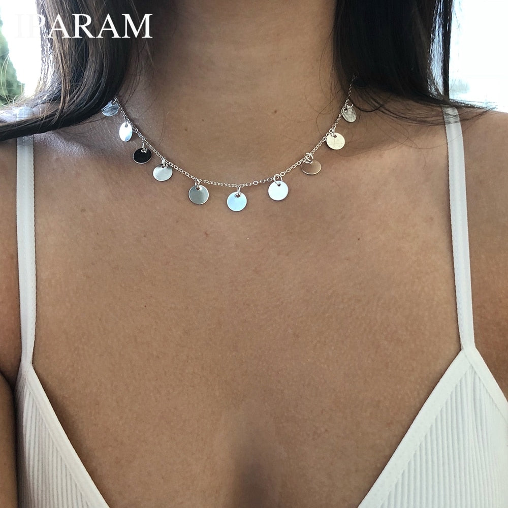 IPARAM Fashion Gold Color Sequins Coins Tassel Choker Necklace for Women ladies necklace Jewellry colares