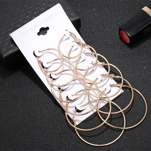 Hesiod Fashion New 6 Pairs/Set Gold Silver Small Big Circle Hoop Earrings for Women Steampunk Round Earring Sets