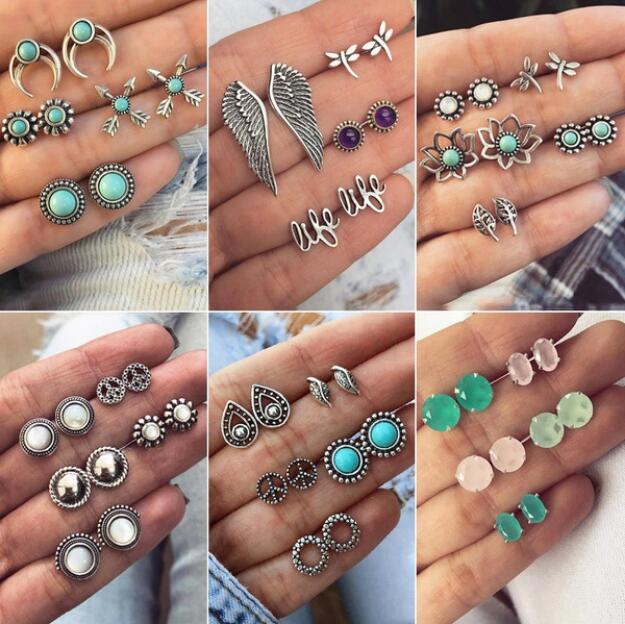 Vintage Geometric Stud Earrings Set For Women Girls 2018 Fashion Bead Stone Flower Small Earrings Boucle d'oreille Femme Gifts