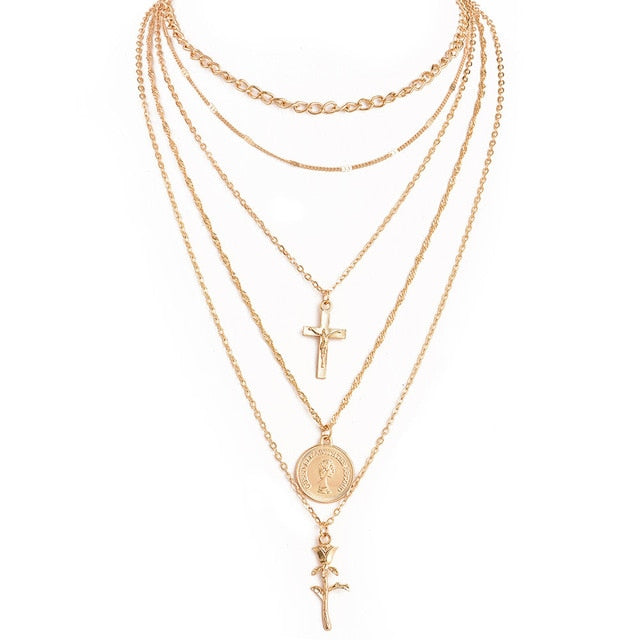 Fashion Multiple Layers Cross Necklaces For Women Charm Gold Color Chokers Necklace Boho Collares Female Party Jewelry XL1191