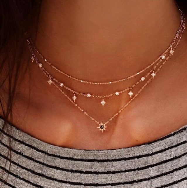 Gold color Choker Necklace for women Short crystal stars Pendant Chain Necklaces & Pendants Laces velvet chokers Fashion Jewelry