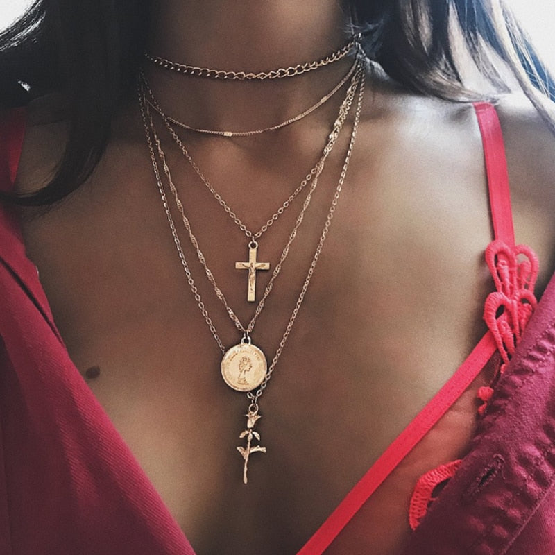 Fashion Multiple Layers Cross Necklaces For Women Charm Gold Color Chokers Necklace Boho Collares Female Party Jewelry XL1191