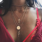 Fashion Multiple Layers Cross Necklaces For Women Charm Gold Color Chokers Necklace Boho Collares Female Party Jewelry XL1191