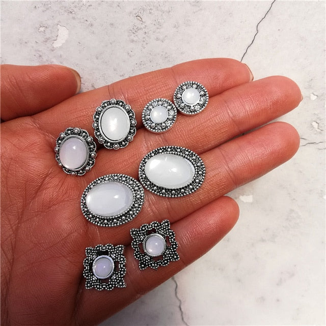 Vintage Geometric Stud Earrings Set For Women Girls 2018 Fashion Bead Stone Flower Small Earrings Boucle d'oreille Femme Gifts