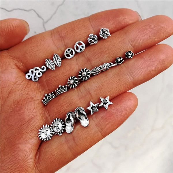 Vintage Geometric Stud Earrings Set For Women Girls 2018 Fashion Bead Stone Flower Small Earrings Boucle d'oreille Femme Gifts