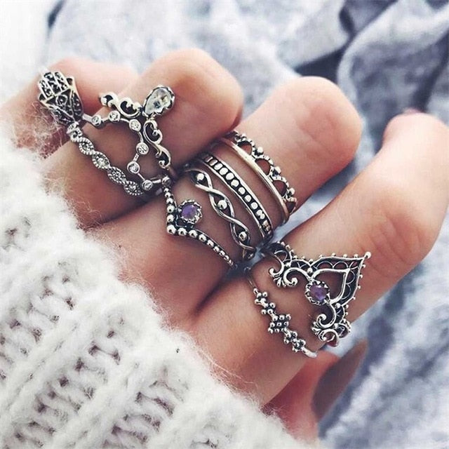FAMSHIN 15Pcs/Set Fashion Vintage Ring Set Femme Stone Silver Midi Finger Rings Boho Women Jewelry Knuckle Ring Set Jewelry Gift
