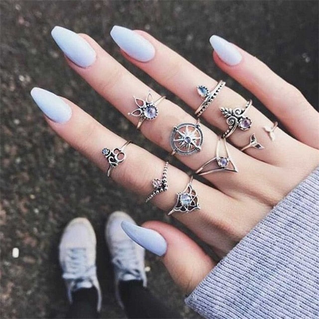 FAMSHIN 15Pcs/Set Fashion Vintage Ring Set Femme Stone Silver Midi Finger Rings Boho Women Jewelry Knuckle Ring Set Jewelry Gift