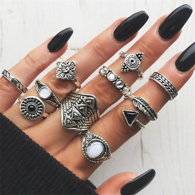 FAMSHIN 15Pcs/Set Fashion Vintage Ring Set Femme Stone Silver Midi Finger Rings Boho Women Jewelry Knuckle Ring Set Jewelry Gift