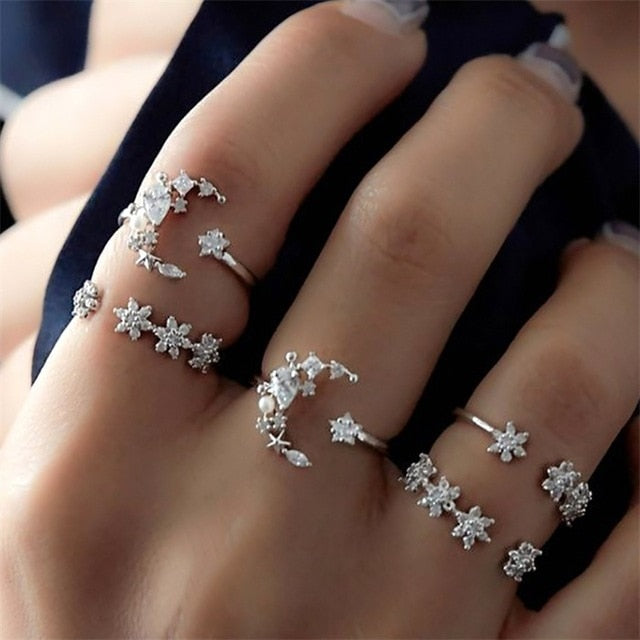 FAMSHIN 15Pcs/Set Fashion Vintage Ring Set Femme Stone Silver Midi Finger Rings Boho Women Jewelry Knuckle Ring Set Jewelry Gift