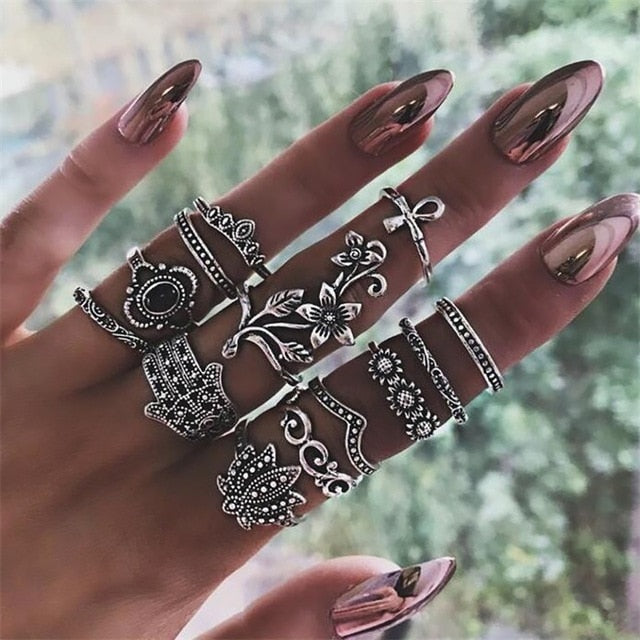 FAMSHIN 15Pcs/Set Fashion Vintage Ring Set Femme Stone Silver Midi Finger Rings Boho Women Jewelry Knuckle Ring Set Jewelry Gift