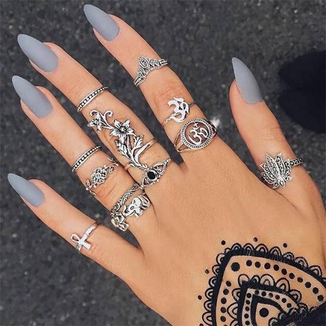 FAMSHIN 15Pcs/Set Fashion Vintage Ring Set Femme Stone Silver Midi Finger Rings Boho Women Jewelry Knuckle Ring Set Jewelry Gift