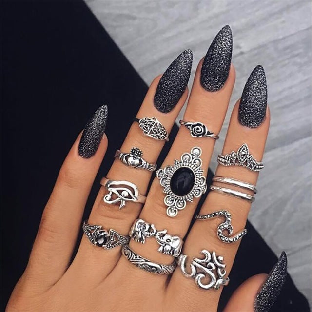 FAMSHIN 15Pcs/Set Fashion Vintage Ring Set Femme Stone Silver Midi Finger Rings Boho Women Jewelry Knuckle Ring Set Jewelry Gift