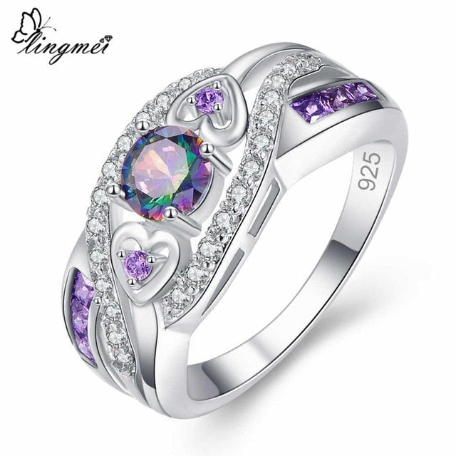 lingmei New Arrival Oval Heart Cut Design Multicolor & Purple White CZ Silver  Ring Size 6 7 8 9 Fashion Women Jewelry Gift