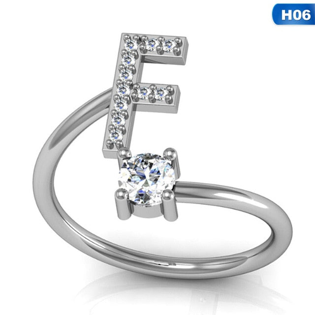 Fashion 26 Letters Silver Ring For Women Rhinestone Open Finger Rings Female Engagement Ring Jewelry Anel Party Gift