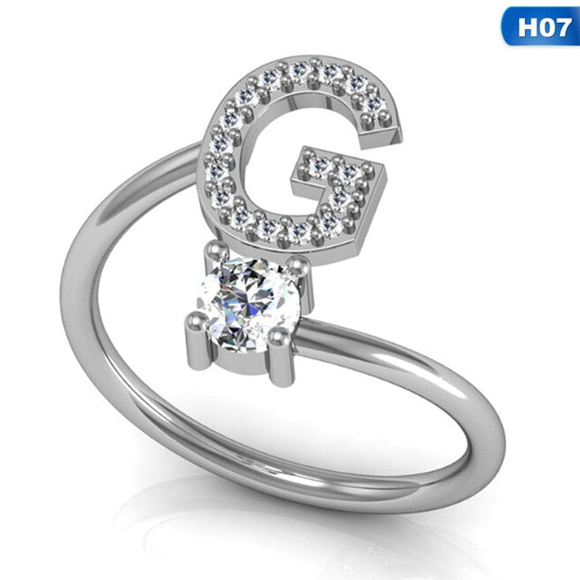 Fashion 26 Letters Silver Ring For Women Rhinestone Open Finger Rings Female Engagement Ring Jewelry Anel Party Gift