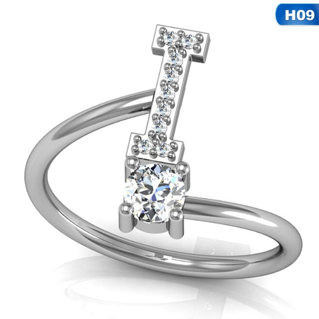 Fashion 26 Letters Silver Ring For Women Rhinestone Open Finger Rings Female Engagement Ring Jewelry Anel Party Gift