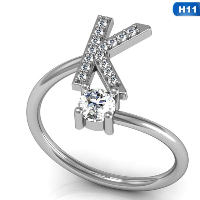 Fashion 26 Letters Silver Ring For Women Rhinestone Open Finger Rings Female Engagement Ring Jewelry Anel Party Gift