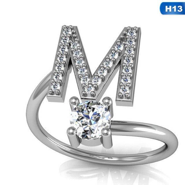 Fashion 26 Letters Silver Ring For Women Rhinestone Open Finger Rings Female Engagement Ring Jewelry Anel Party Gift