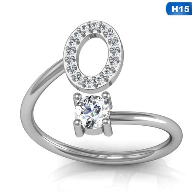 Fashion 26 Letters Silver Ring For Women Rhinestone Open Finger Rings Female Engagement Ring Jewelry Anel Party Gift