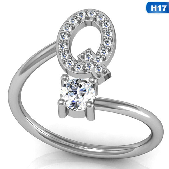 Fashion 26 Letters Silver Ring For Women Rhinestone Open Finger Rings Female Engagement Ring Jewelry Anel Party Gift