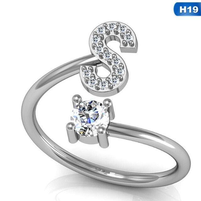 Fashion 26 Letters Silver Ring For Women Rhinestone Open Finger Rings Female Engagement Ring Jewelry Anel Party Gift