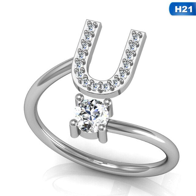 Fashion 26 Letters Silver Ring For Women Rhinestone Open Finger Rings Female Engagement Ring Jewelry Anel Party Gift