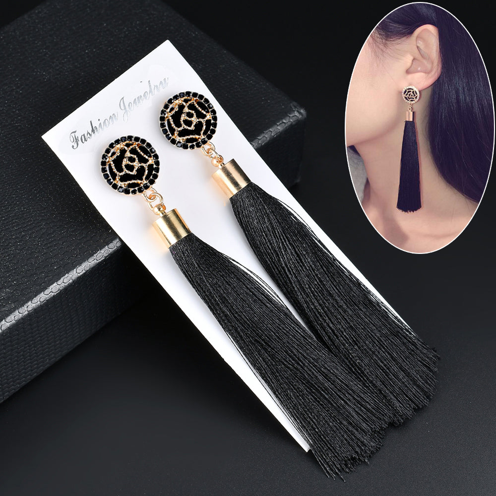 Black Crystal Flower Fringe Earings Earing Geometric Long Dangle Tassel Earrings For Women 2018 Fashion Jewelry Oorbellen Gift