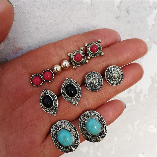 Vintage Geometric Stud Earrings Set For Women Girls 2018 Fashion Bead Stone Flower Small Earrings Boucle d'oreille Femme Gifts