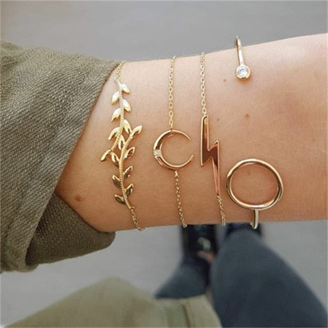 KISS WIFE 5Pcs/Set Fashion Punk Gold Chain Moon Leaf Crystal Geometry Open Bracelet Set Women Charm Beach Jewelry Drop Shipping