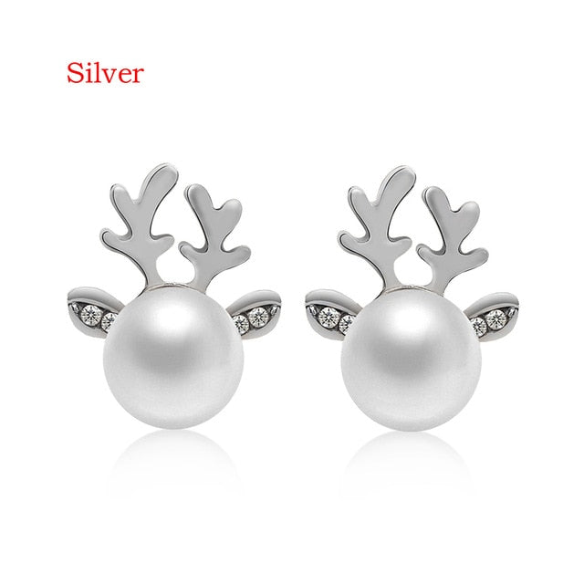 1 Pairs New Elegant Hot Sale Xmas Fashion Christmas Pearl Deer Earrings Ear Stud fashion Jewelry Gift for Women and Gilr