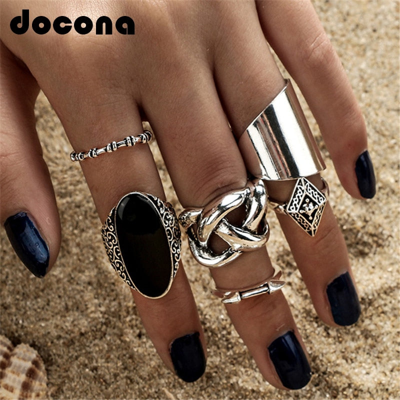 docona  5pcs/Set Fashion High Quality Bohemia Style Rings Set Classic Shape Pattern Crystal Pendant for Women Charm Jewelry