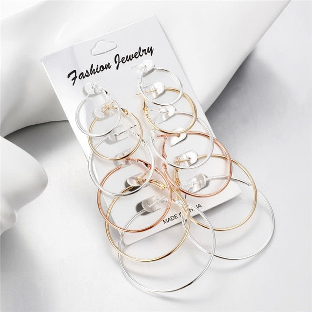Hesiod Fashion New 6 Pairs/Set Gold Silver Small Big Circle Hoop Earrings for Women Steampunk Round Earring Sets