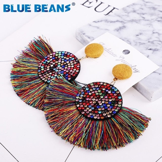 Tassel earrings bohemian statement luxury long earring valentine's day handmade women geometric fringe fashion big rhinestone cc
