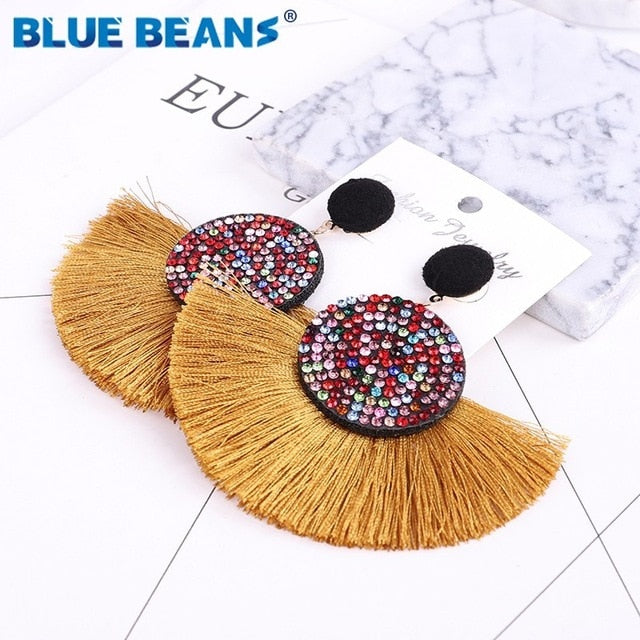 Tassel earrings bohemian statement luxury long earring valentine's day handmade women geometric fringe fashion big rhinestone cc